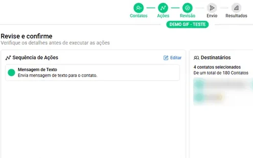 Assistente de envio em massa na etapa de revisão, antes de disparar