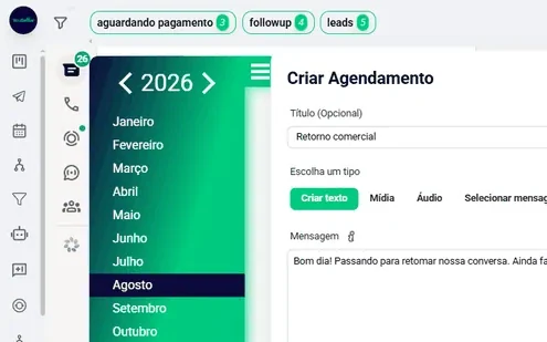 Janela de criar agendamento, com mensagem, data, hora e recorrência