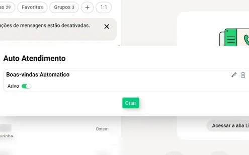 Janela de auto atendimento com uma resposta de boas-vindas sendo ativada