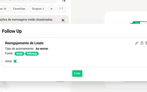 Janela de follow-up com uma regra de reengajamento de leads sendo ativada