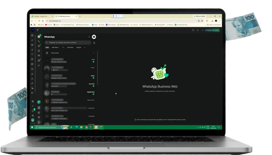 Notebook com o WhatsApp Web e o painel do YouSeller na lateral